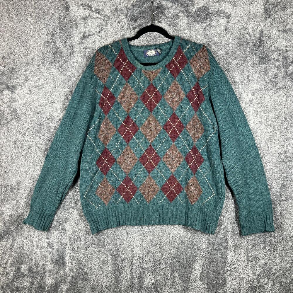 Knights Bridge Sweater Mens Large Green Crew Neck Wool Argyle Pullover Italy